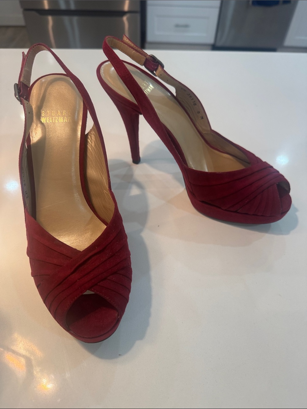 Stuart Weitzman Burgundy Suede Peep-Toe Slingback Heels
